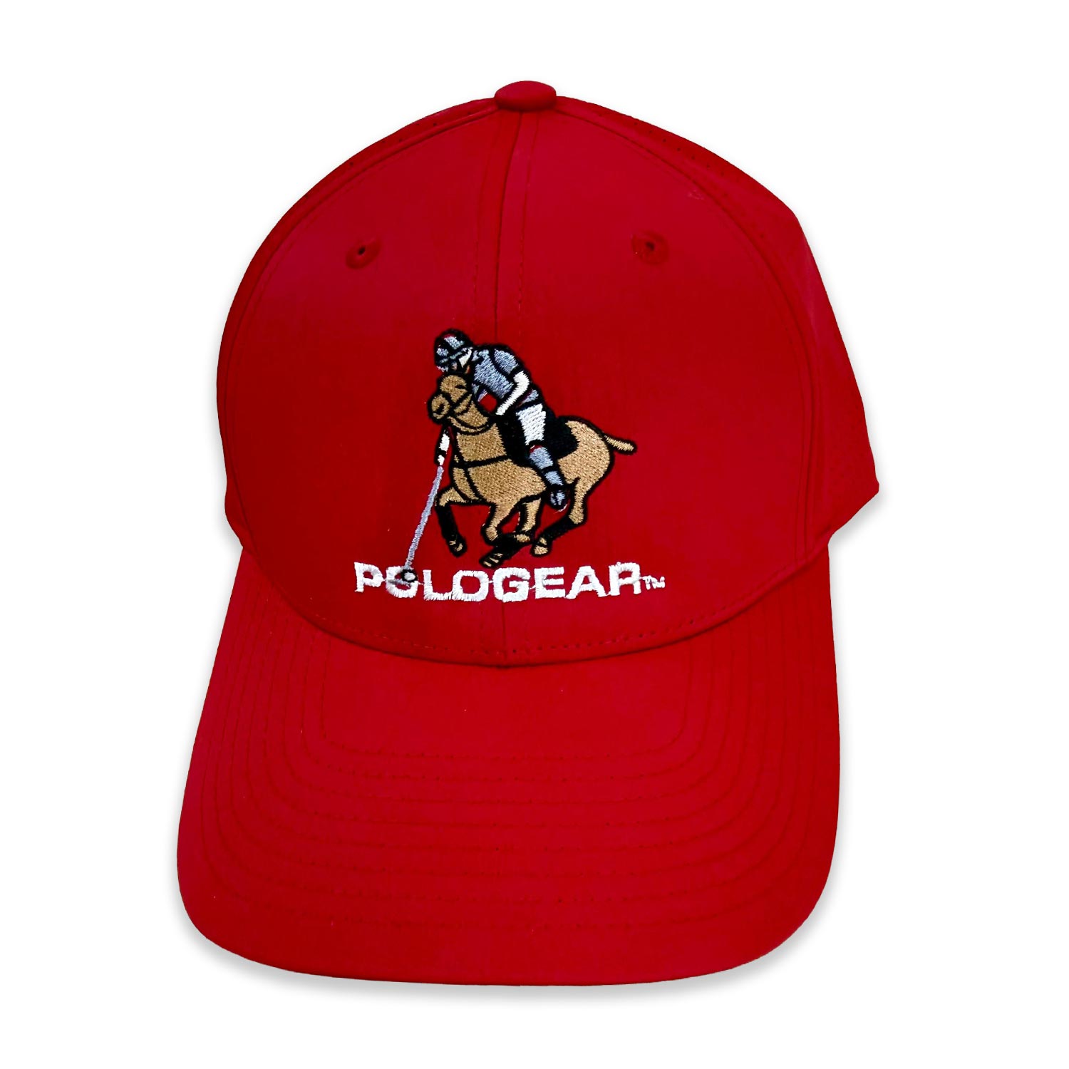 Red cap with a horse and rider logo and 'POLOGEAR' text on a white background
