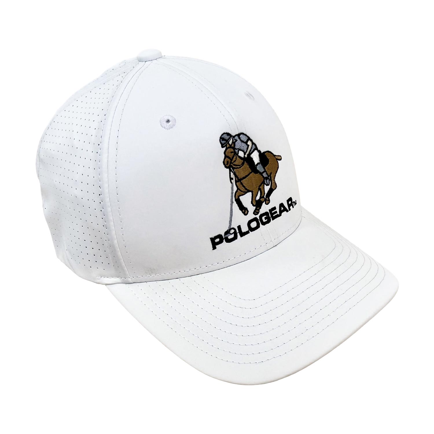 White cap with PoloGear logo featuring a horse and rider on a white background