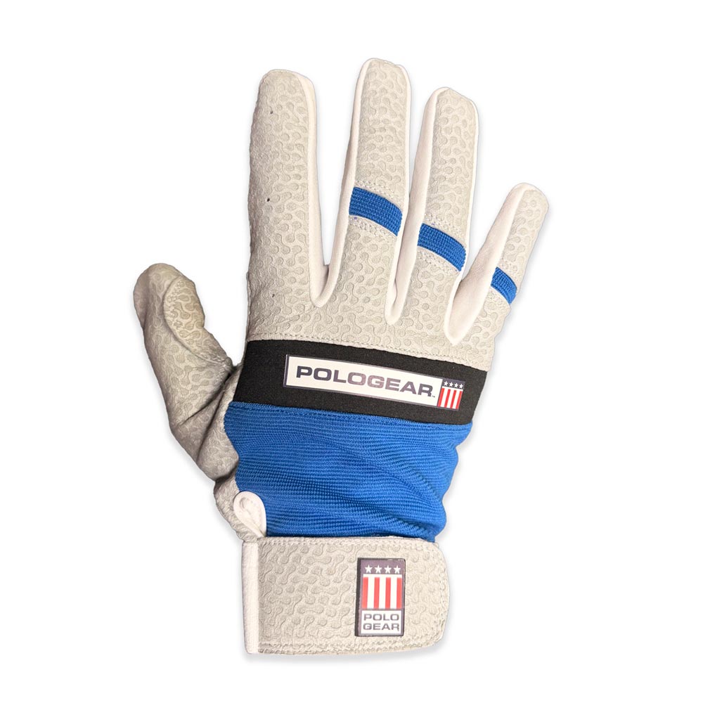 White gloves with blue accents and PoloGear branding on a white background