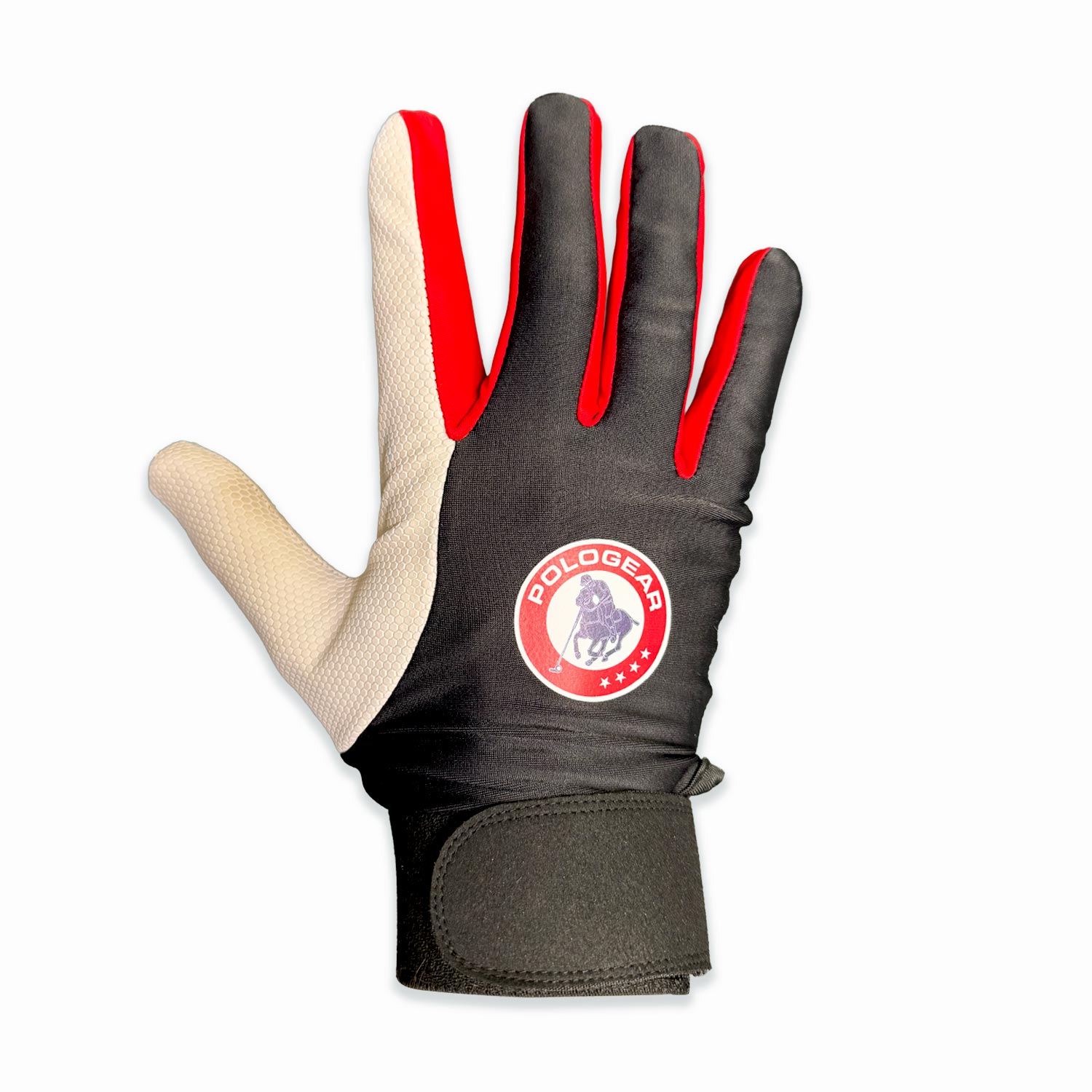 Black glove with red accents and Pologear logo on a white background