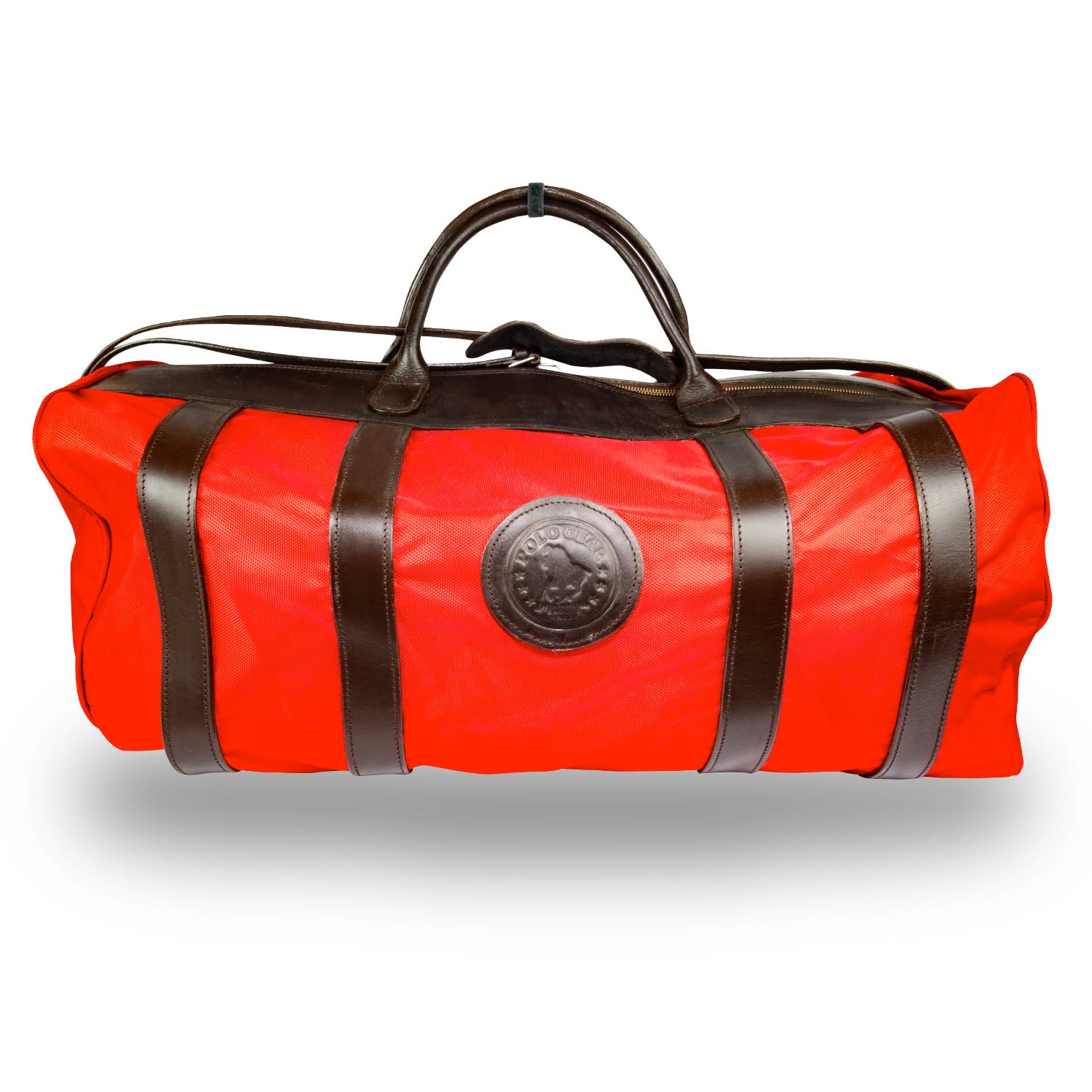 A red polo team bag with leather accents and the embossed Polo Gear logo, designed for carrying equipment and gear on the polo field.