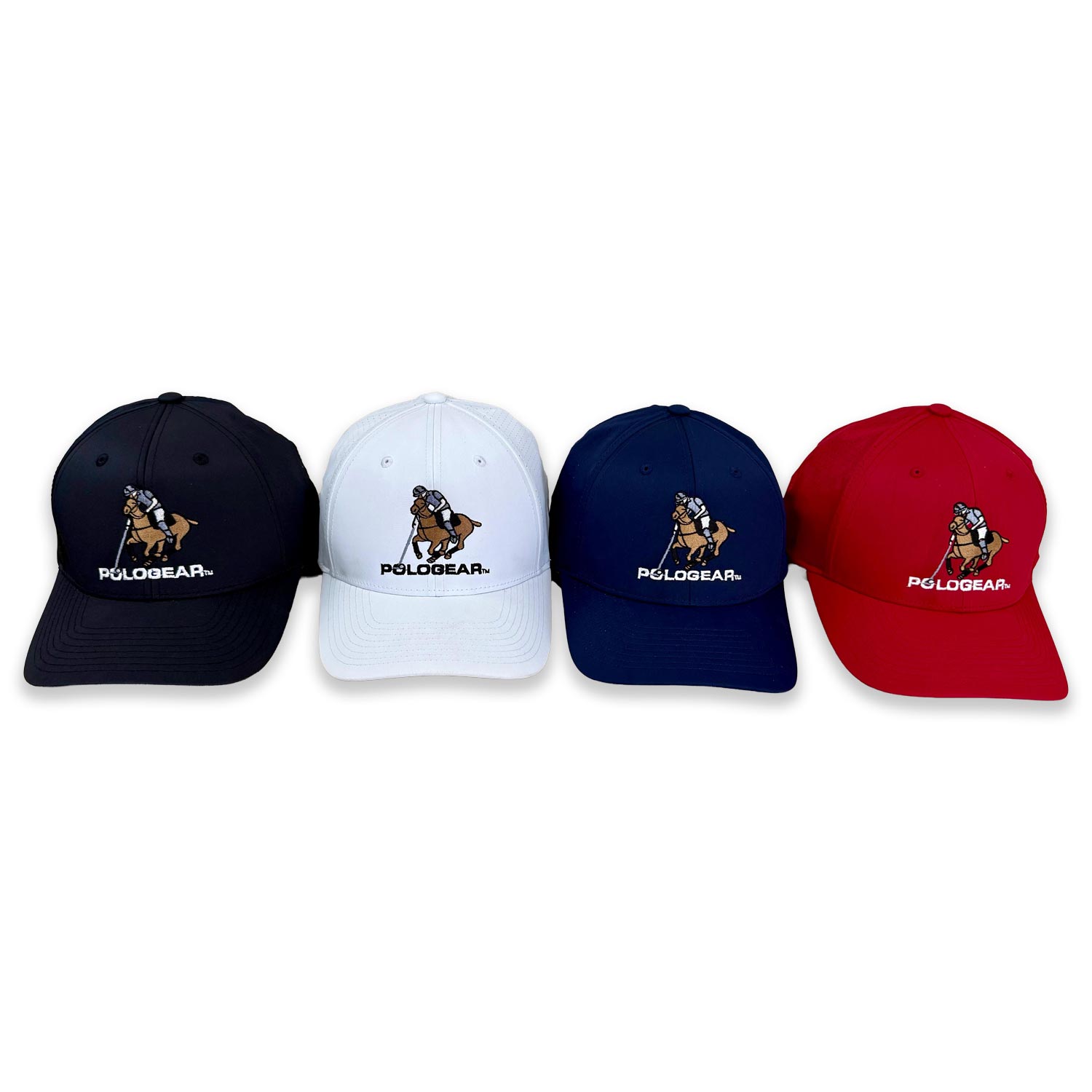 Four PoloGear hats in black, white, blue, and red on a white background.