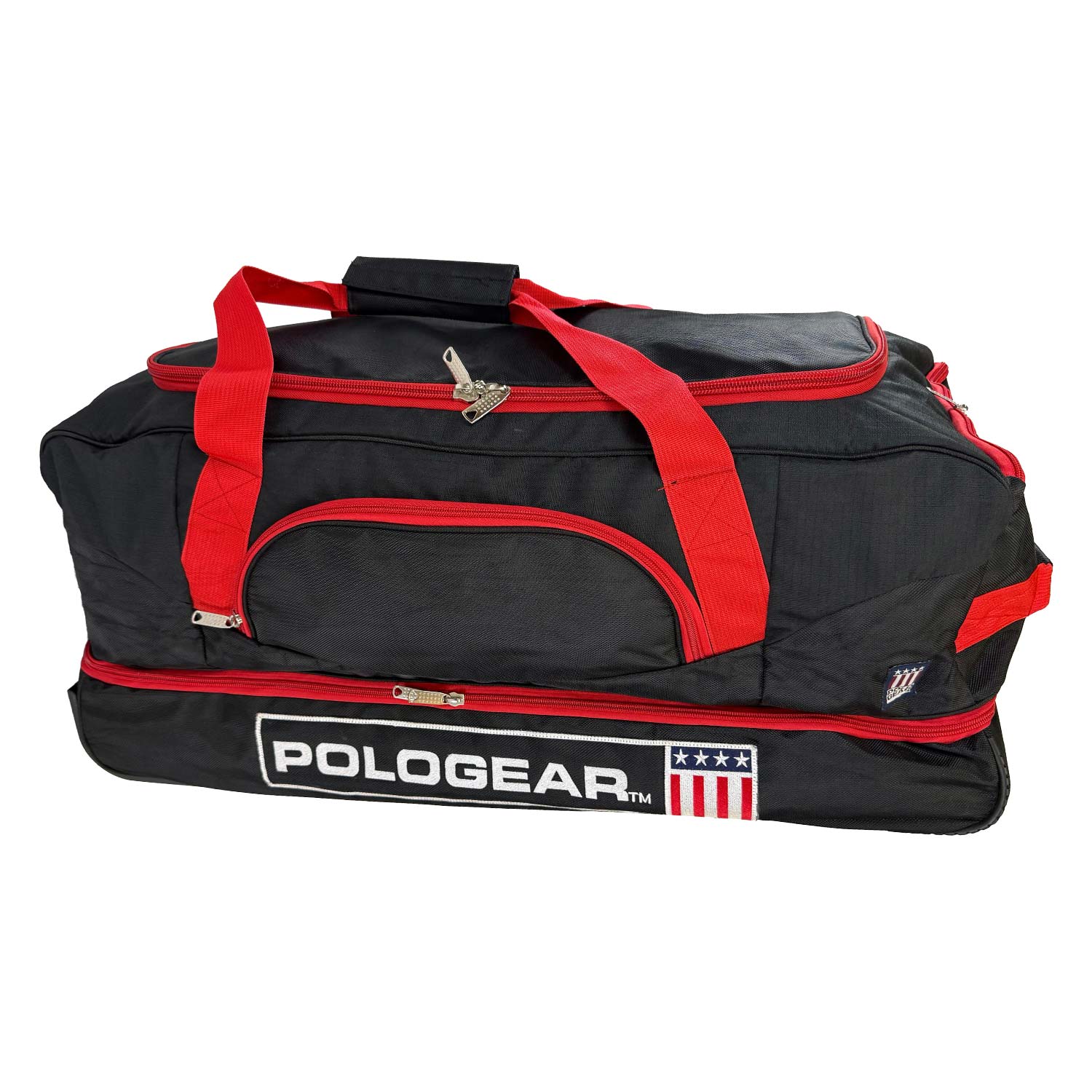 Black duffel polo bag with red handles and trim on a white background, featuring the Pologear logo.