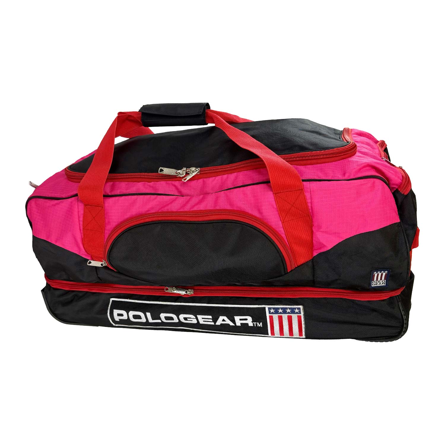 Pink and black duffel polo bag with 'PoloGear' branding on a white background