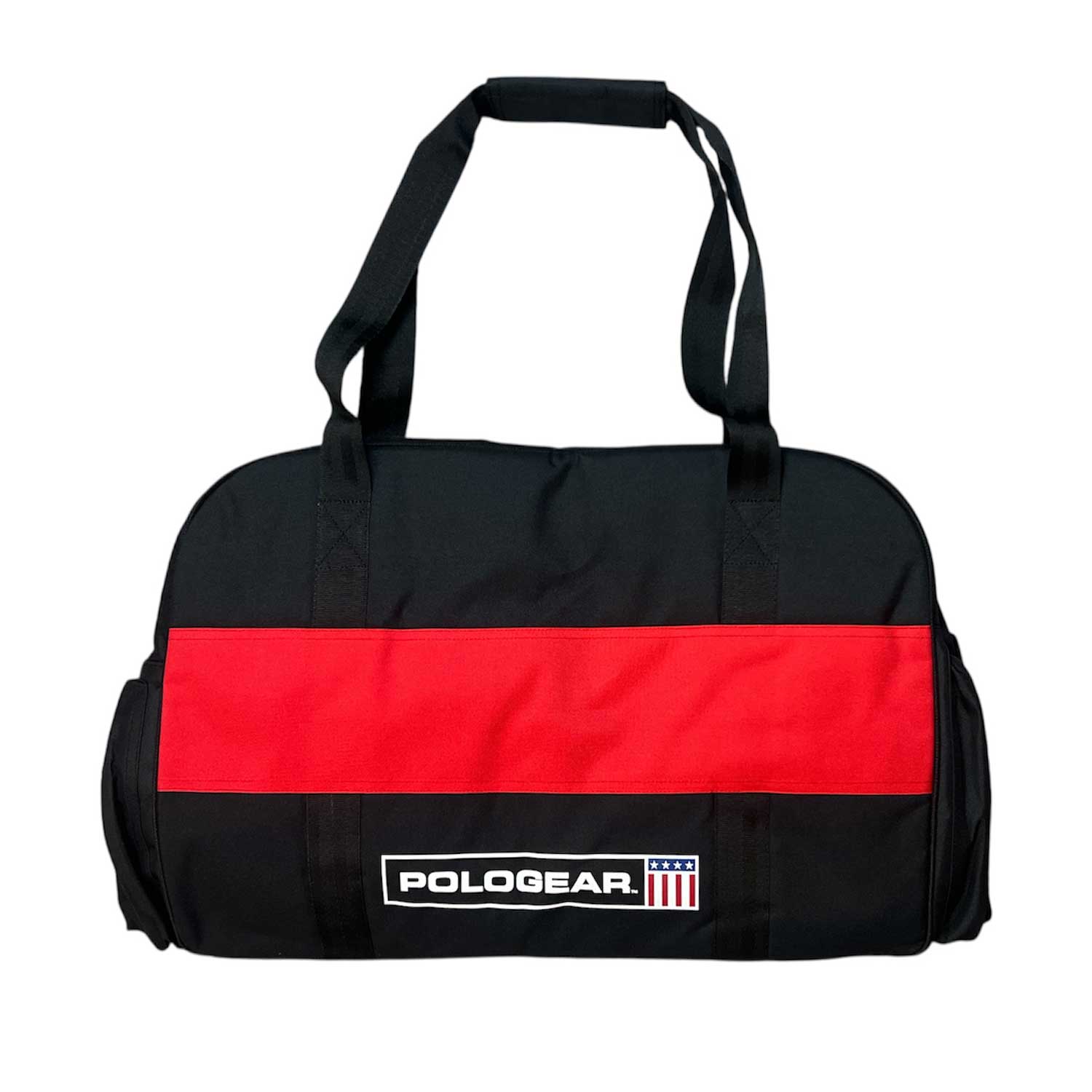 Black and red duffel Team bag club with Black stripe and PoloGear logo.