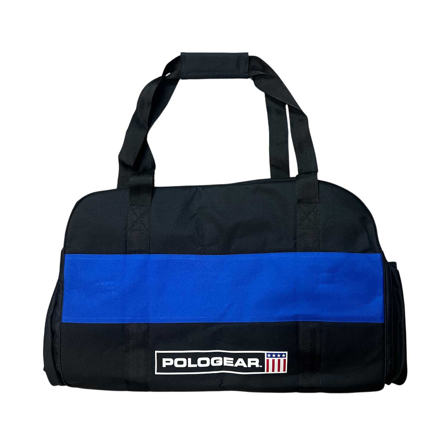 Black and royal duffel Team bag club with Black stripe and PoloGear logo.