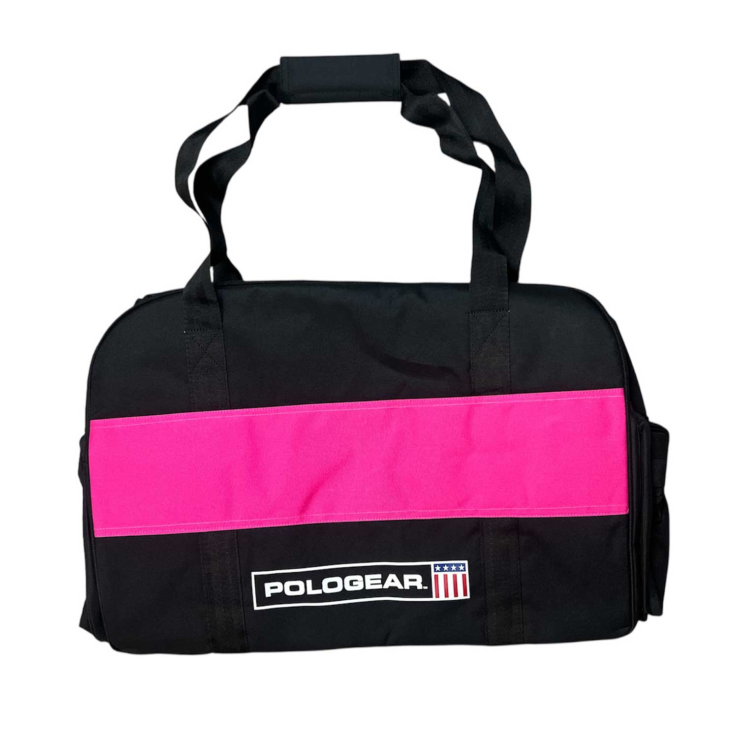 Black and pink duffel Team bag club with Black stripe and PoloGear logo.