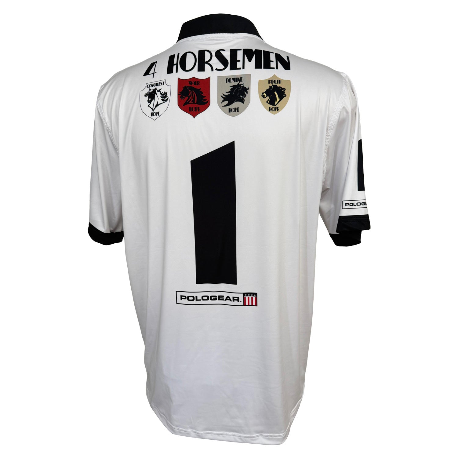 White polo shirt with black text and logos on a white background