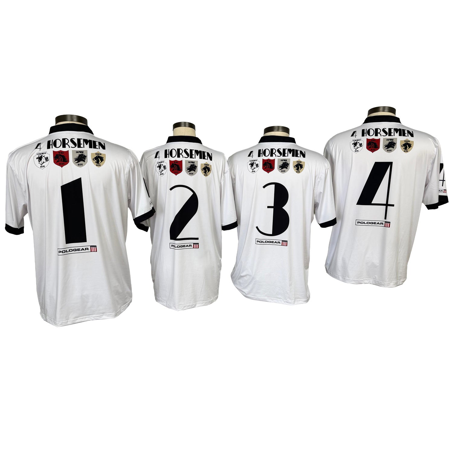 Four white jerseys with black numbering and 'Horsemen' branding on a white background