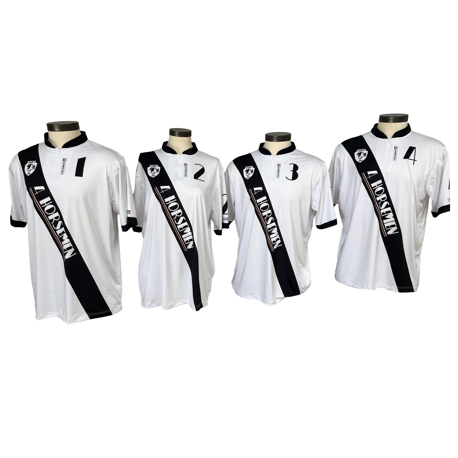 Four white sports jerseys with black accents on mannequins against a white background