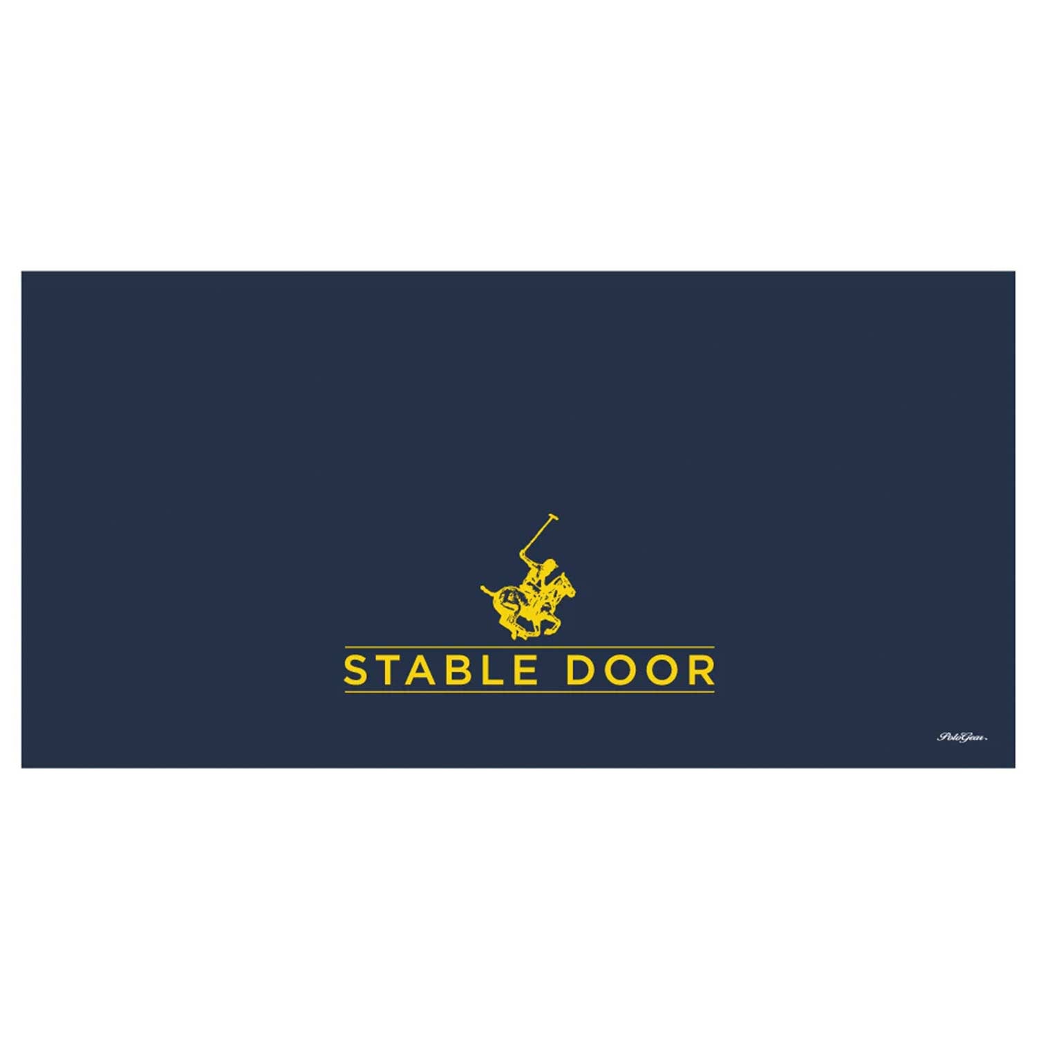 Deep blue rectangle representing a blanket with the PoloGear logo — a polo rider on a horse — above the words STABLE DOOR.