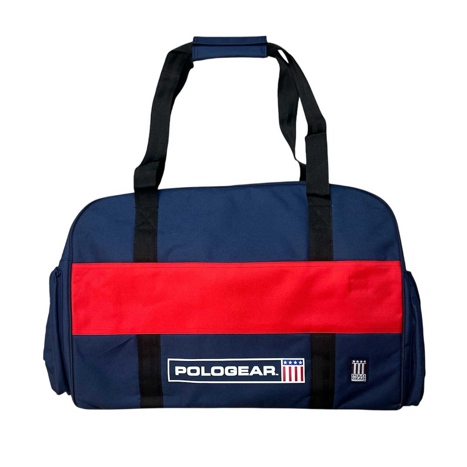 Navy and red duffel Team bag club with Black stripe and PoloGear logo.