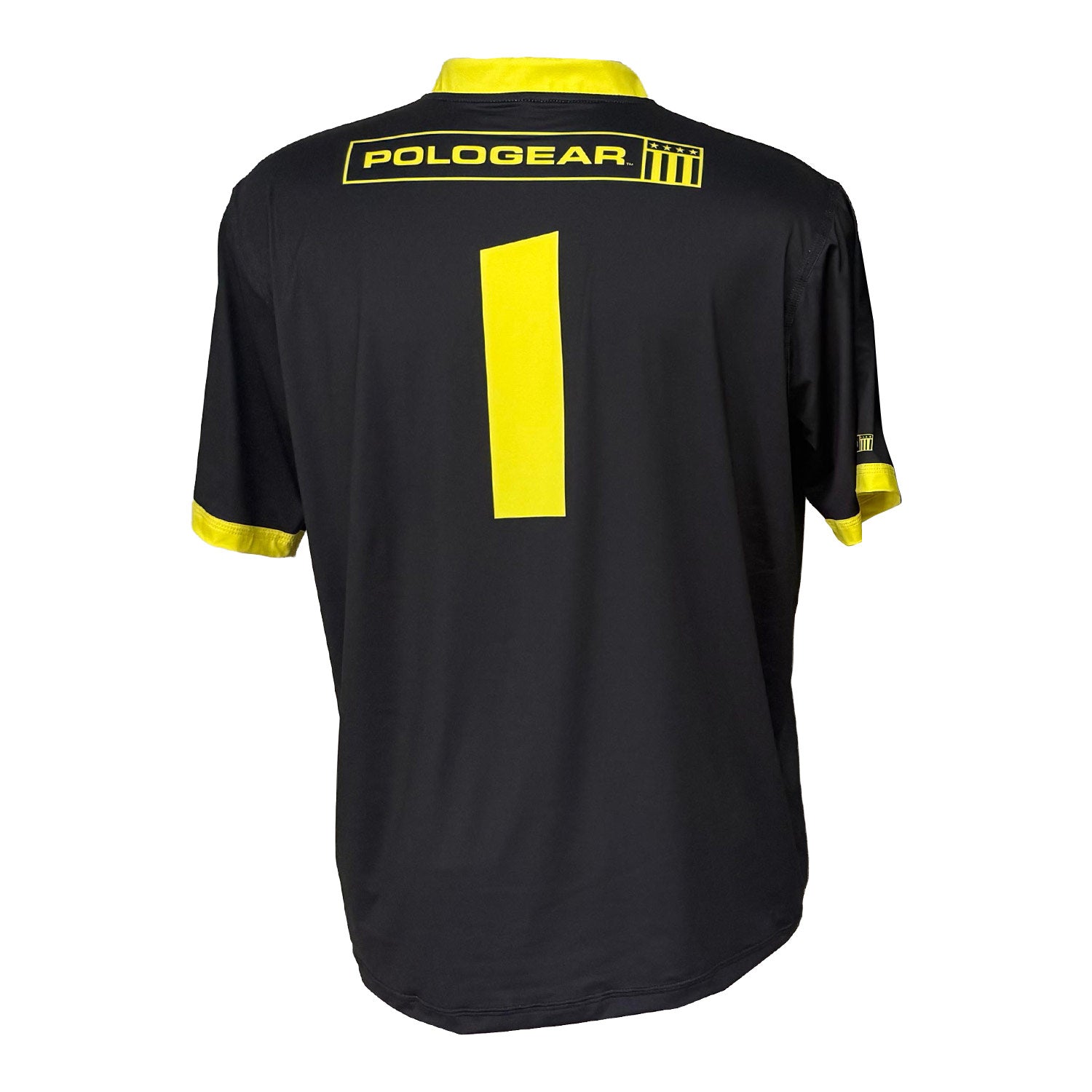 Black sports jersey with yellow accents and 'PoloGear' branding on a white background