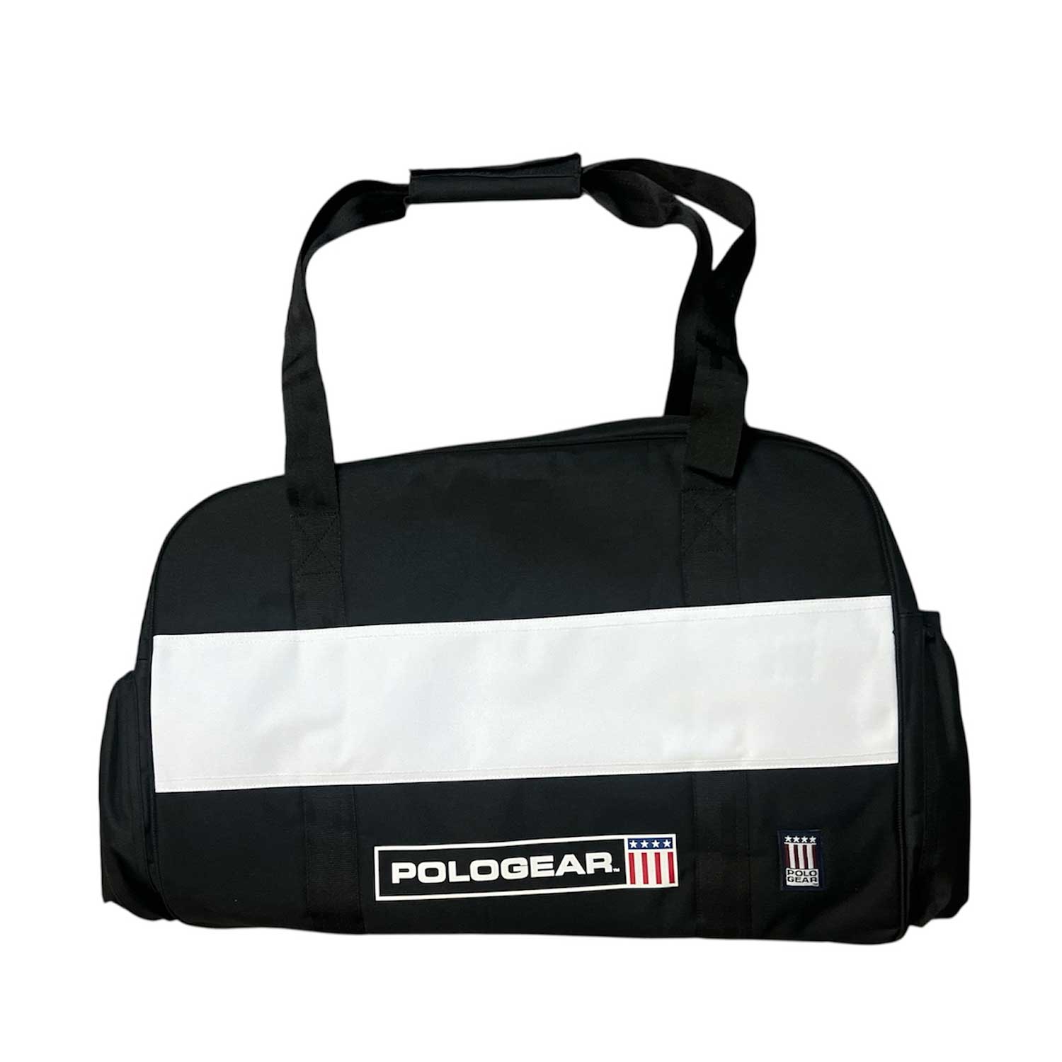 Black and white duffel Team bag club with Black stripe and PoloGear logo.