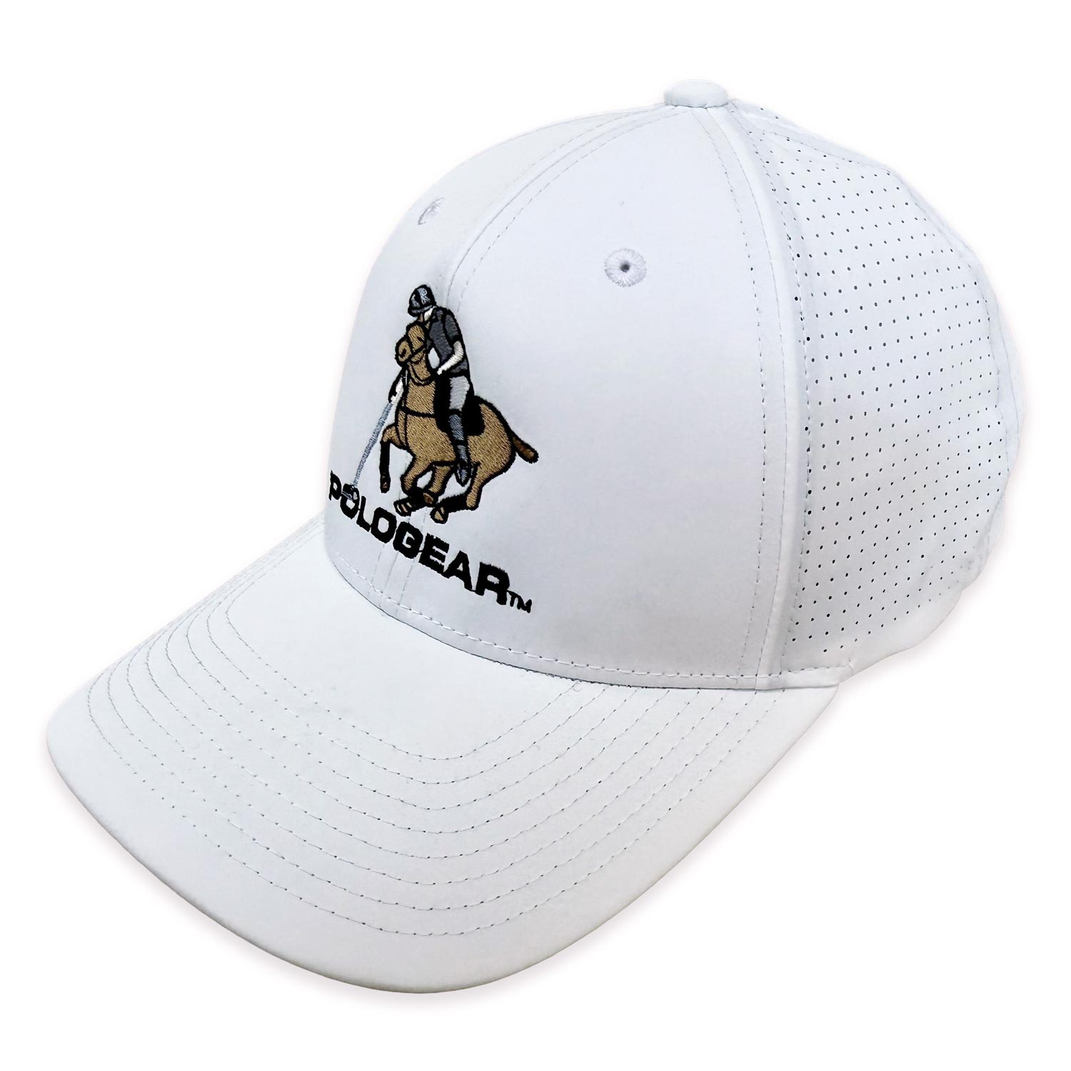 White cap with horse and rider logo and 'PoloGear' text on a white background