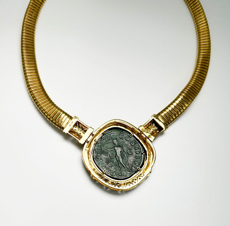 TOH - Bronze Sestertius Coin Mounted in a Necklace Of 18 K Gold with 49 Diamonds