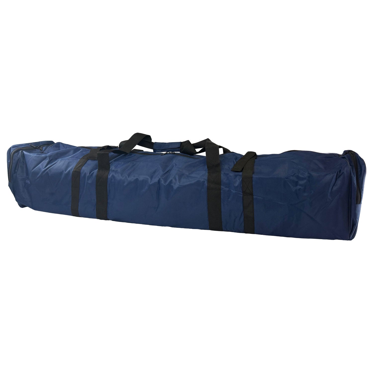 Blue polo mallet bag with black straps and pologear logo as seen from behind on a white background