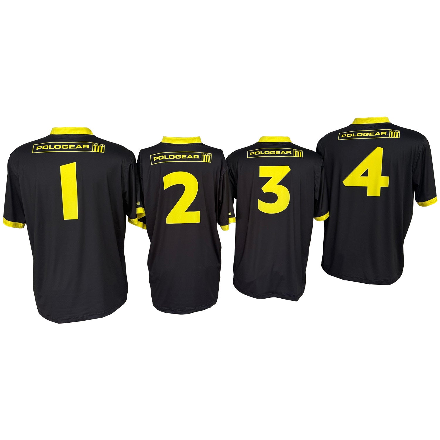 Four black jerseys with yellow numbers and 'POLOGEAR' branding on a white background
