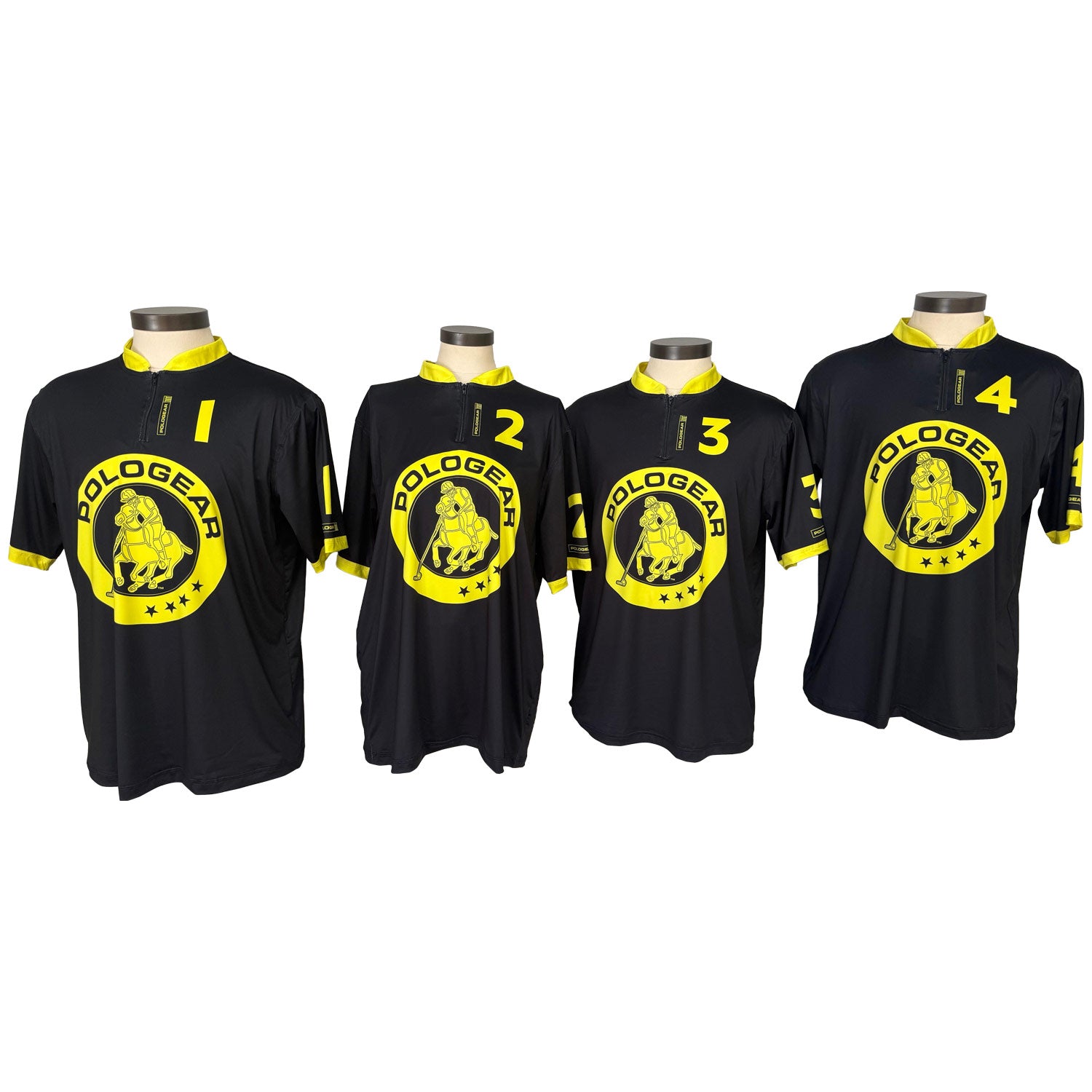 Four black polo shirts with yellow pologear logos on mannequins