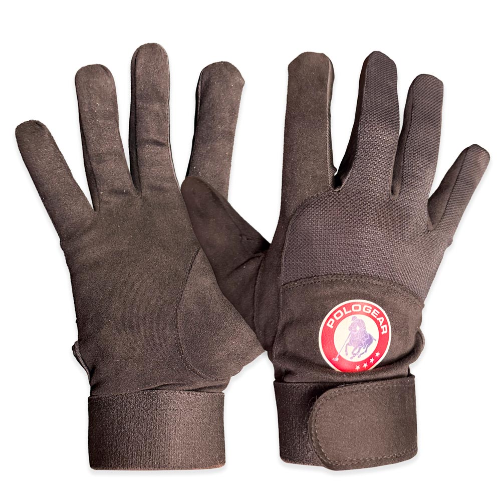 Pair of black gloves with a pologear brand logo on a white background