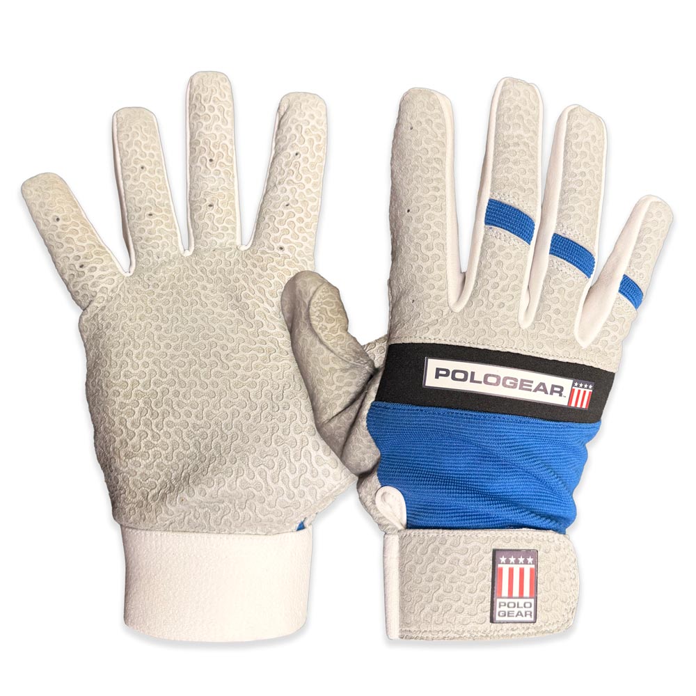 Pair of white gloves with blue accents and PoloGear branding on a white background