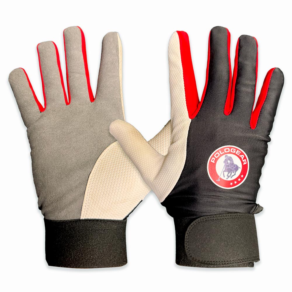 Pair of gloves with red accents and a visible PoloGear logo on a white background