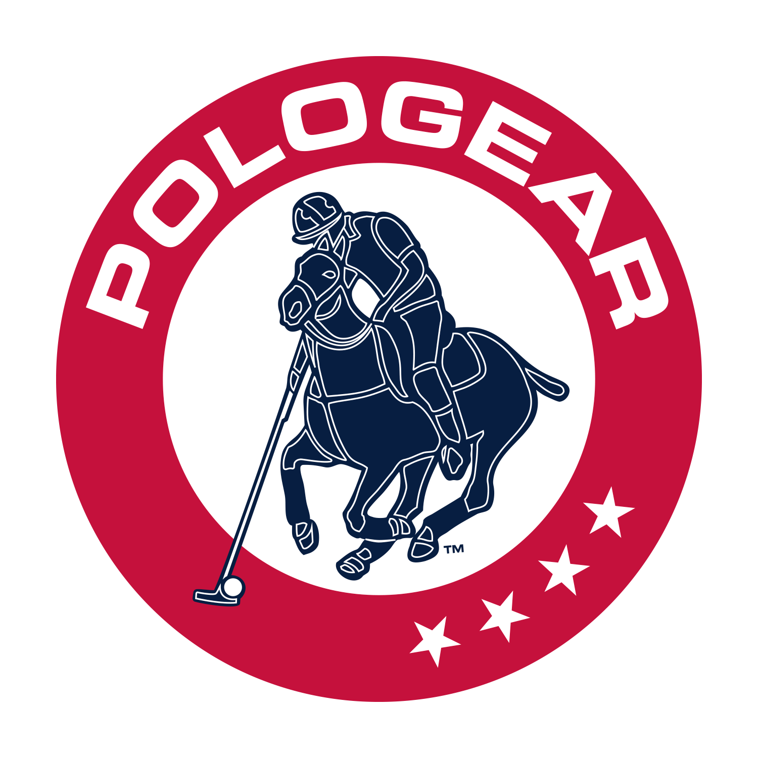 PoloGear logo with a rider on a horse, stars, and red circle