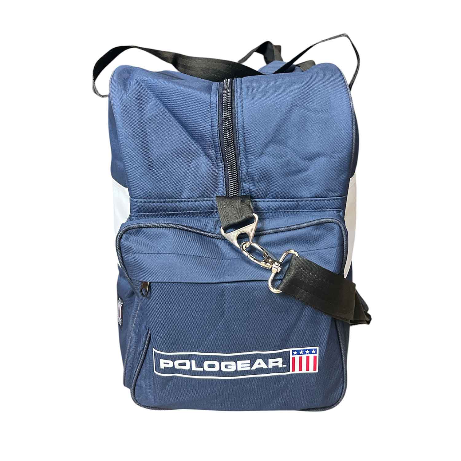 Navy duffel Team bag club with white stripe and PoloGear logo.
