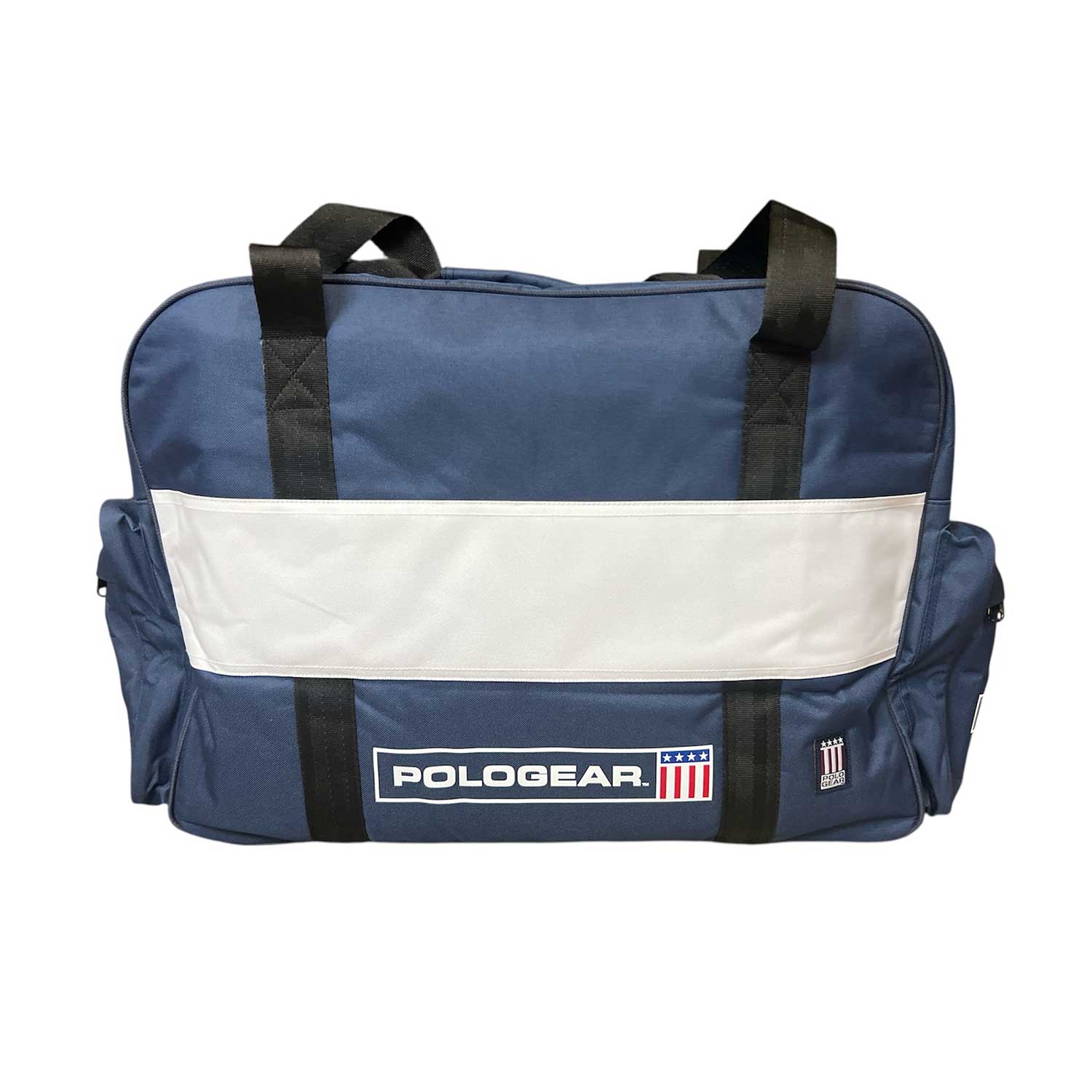 Navy duffel Team bag club with white stripe and PoloGear logo.