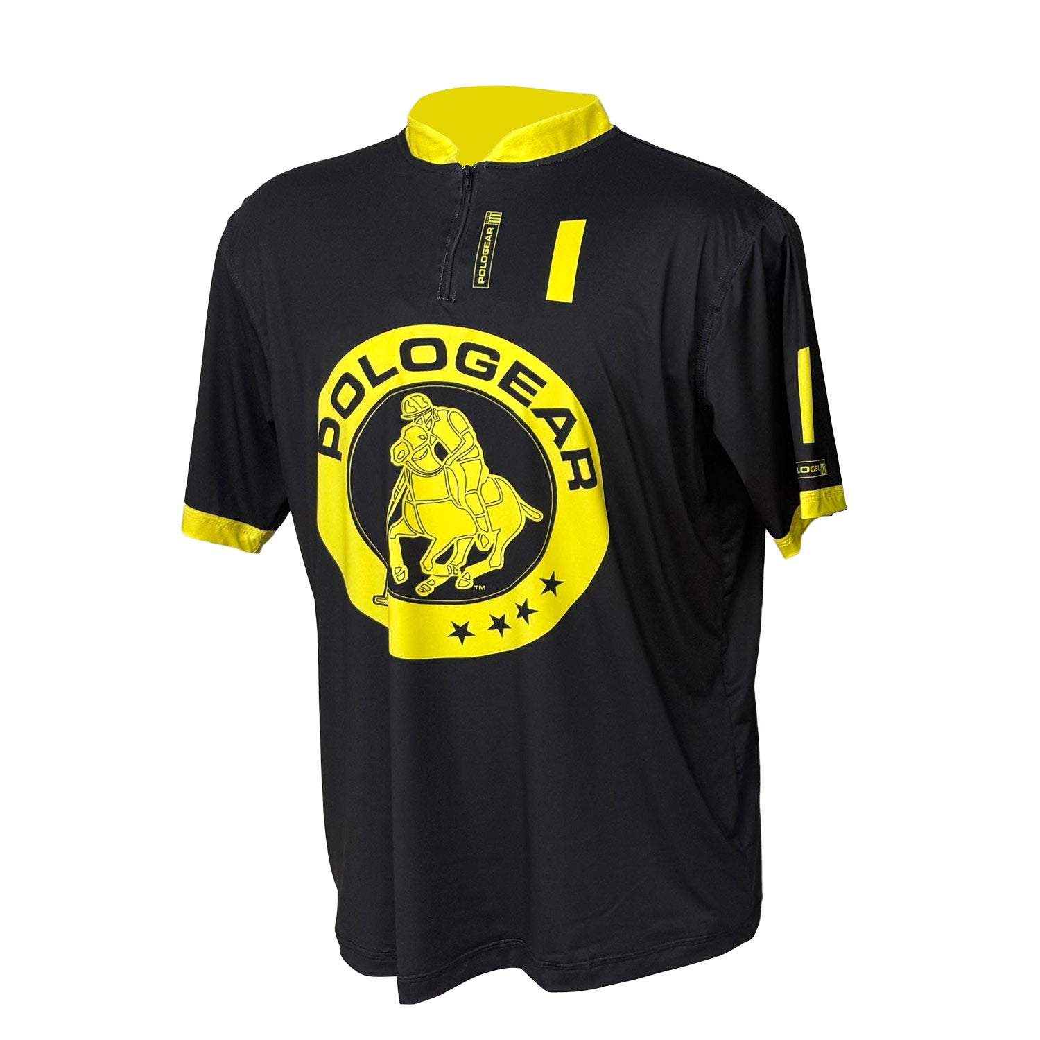 Black and yellow polo shirt with 'PoloGear' logo on a white background