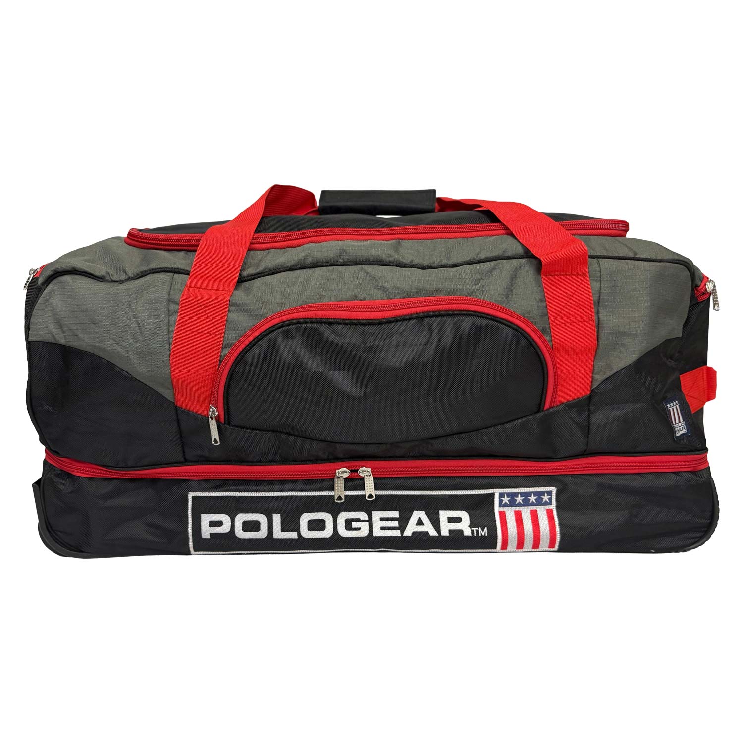 Gray and black duffel polo bag with red straps and Pologear logo on a white background