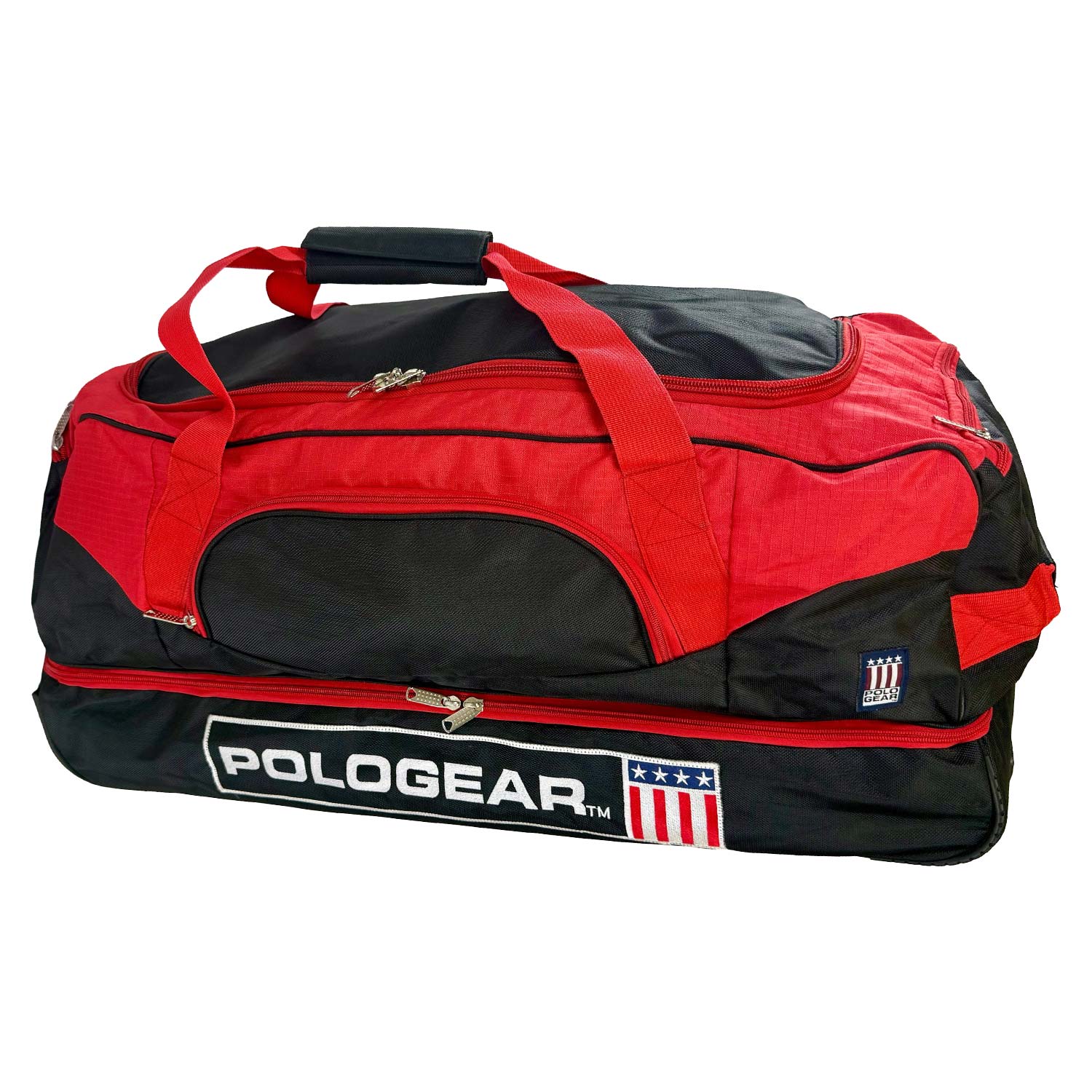 Red and black duffel polo bag with 'PoloGear' branding on a white background
