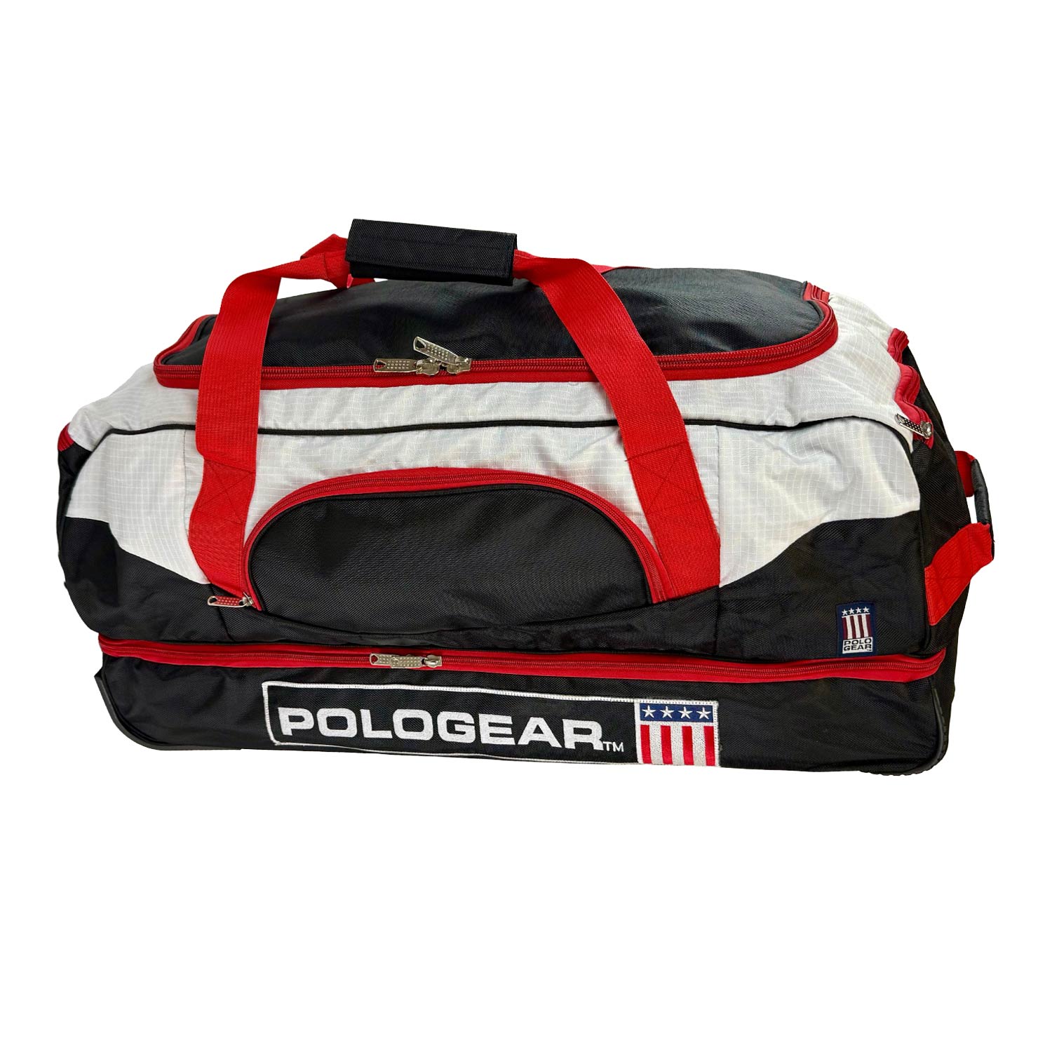 Black, white, and red duffel polo bag with 'POLOGEAR' branding on a white background