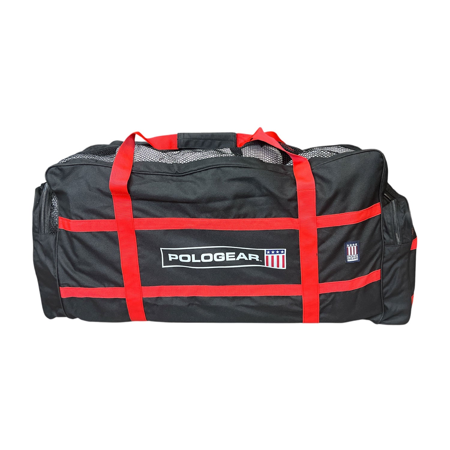 Black duffel polo bag with red straps and PoloGear logo 