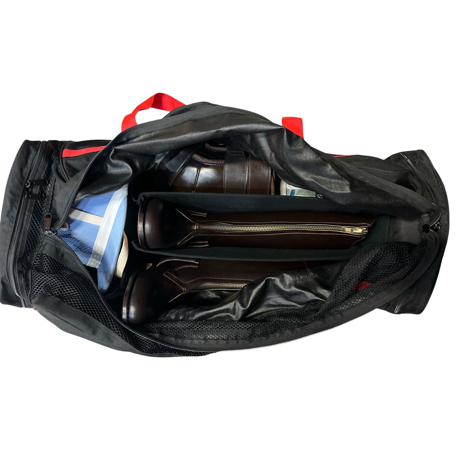 Black duffel polo bag with red straps and PoloGear logo Interior