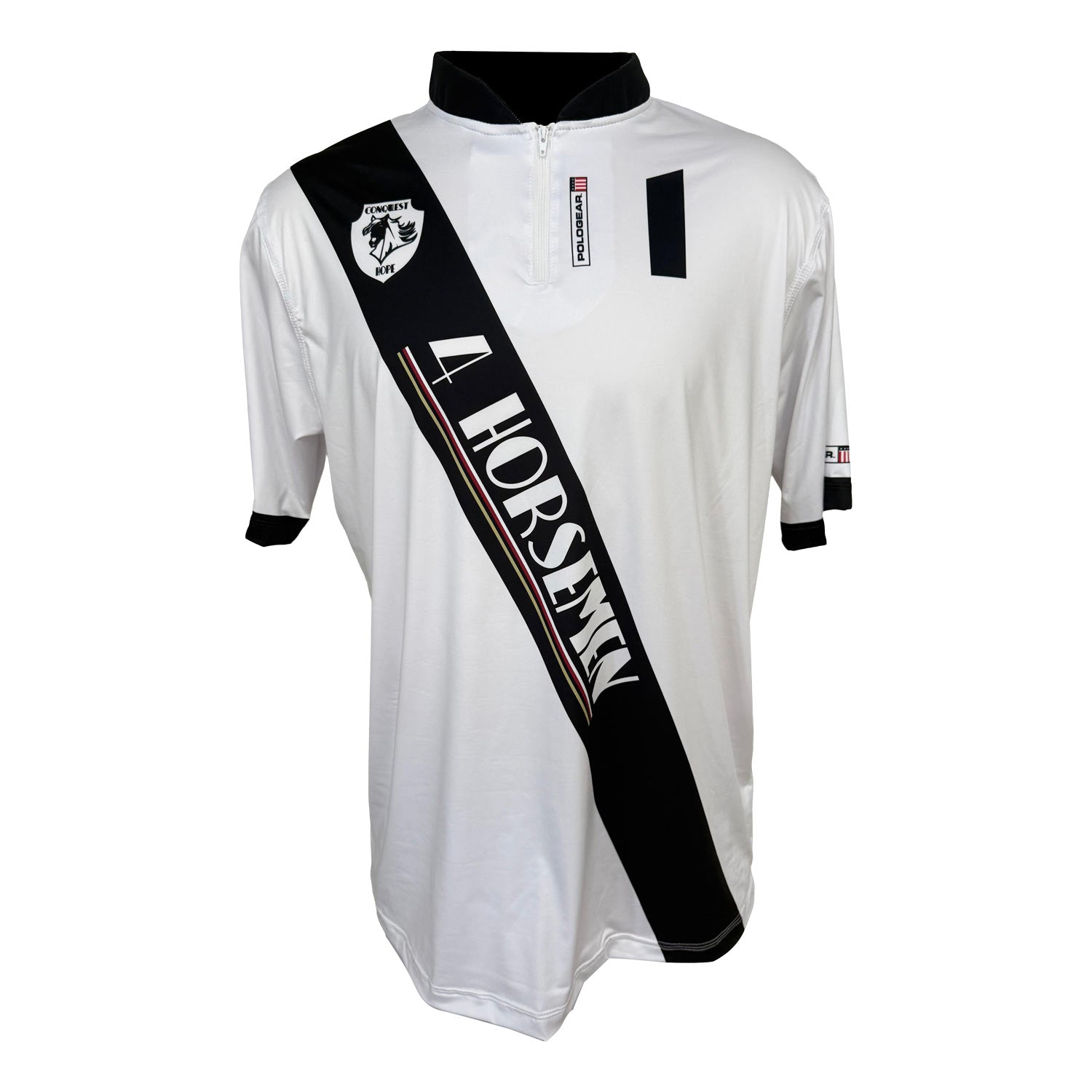 White polo shirt with black accents and branding on a white background