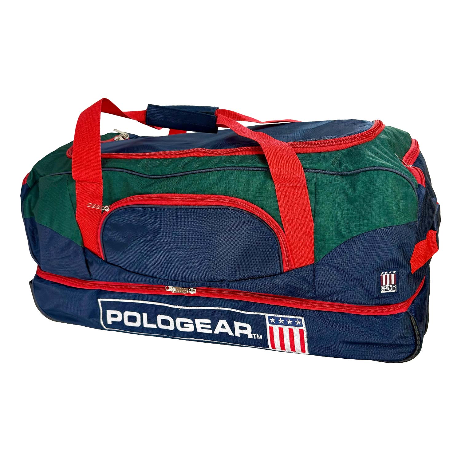 Green and navy duffel polo bag with red accents and PoloGear logo on a white background