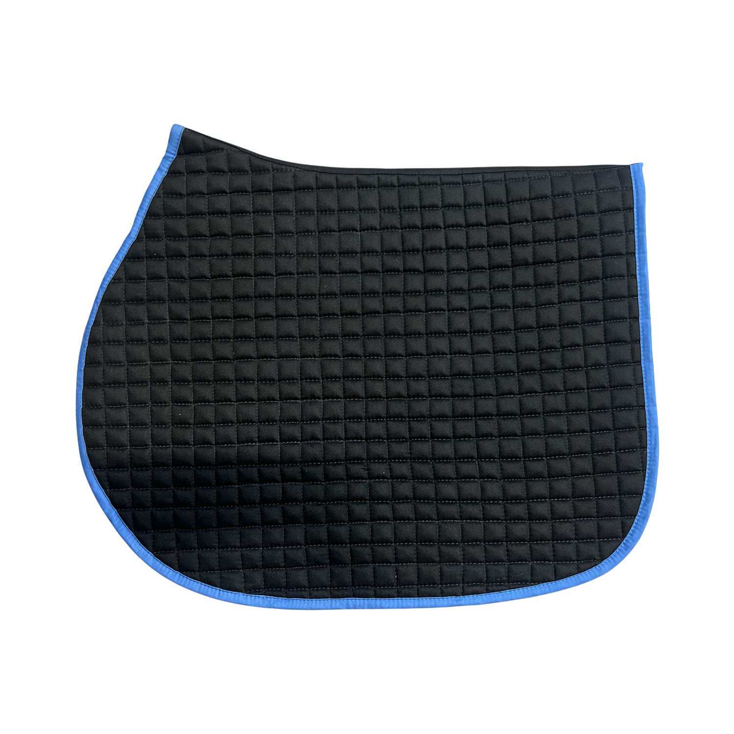 Black quilted polo saddle pad with blue border on a white background