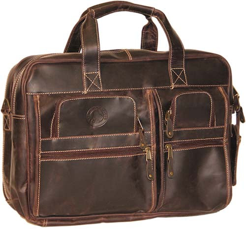 Front view of the PoloGear Leather Parkmam Computer Briefcase, which features four smaller pockets on the front for miscellaneous items. The PoloGear emblem is imprinted on the top left pocket.