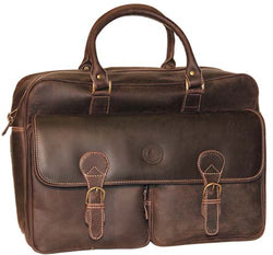 Front view of the beautiful brown leather briefcase with the PoloGear emblem on the front.