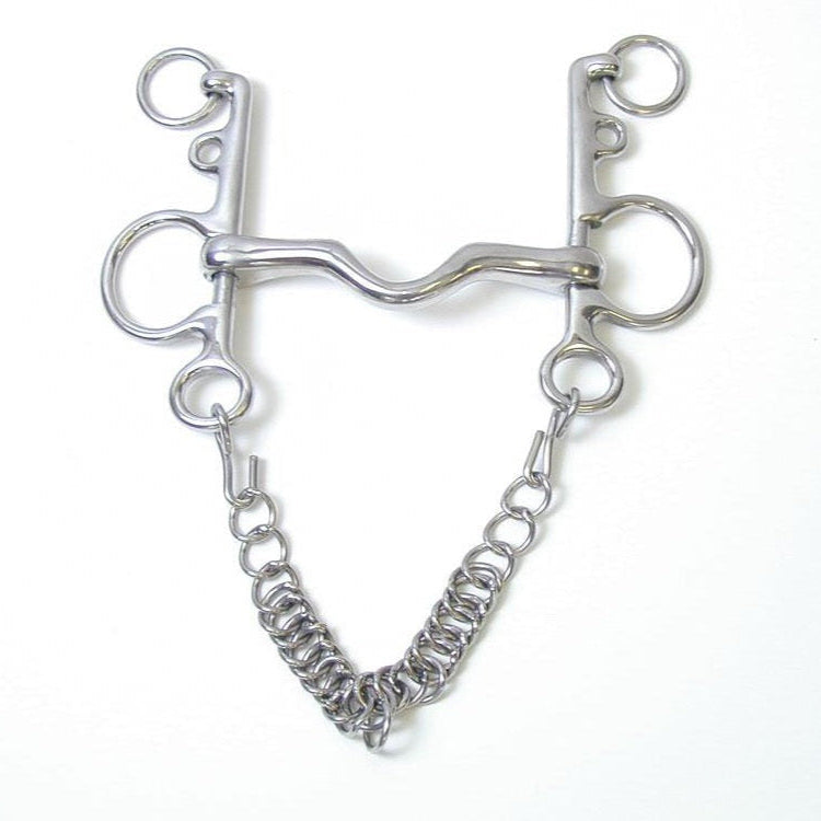 A stainless steel Hartwell pelham bit for polo with a sliding cheek.