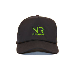 Black baseball cap with green initials "NR" standing for Nick Roldan