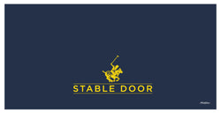 Deep blue rectangle representing a blanket with the PoloGear logo — a polo rider on a horse — above the words STABLE DOOR.