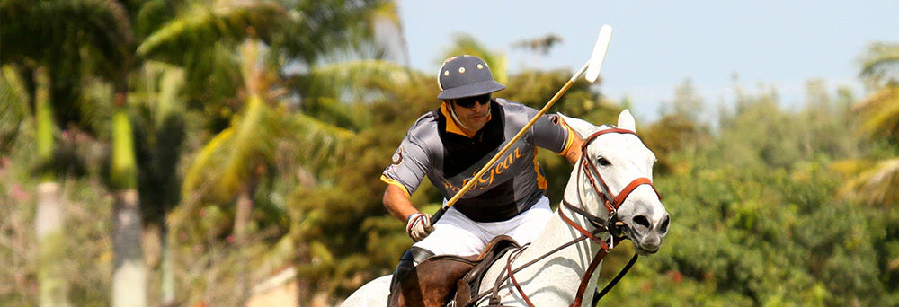 polo player on white horse with mallet and pologear tshirt